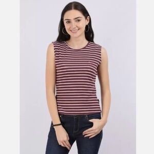 Banana Republic Tank Top Striped Button Back White/Burgundy Sz S